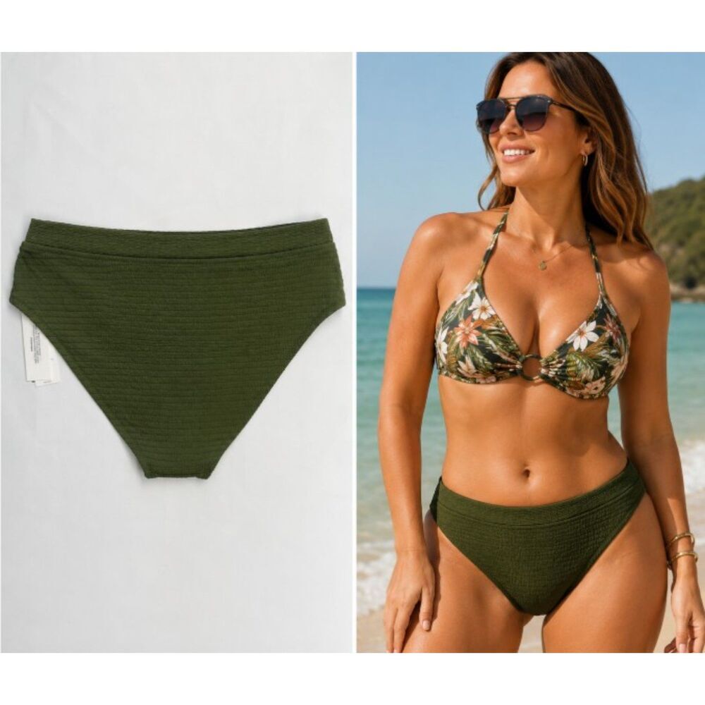 DKNY Bikini Swim Textured Bottoms High Waist Moss Green Size XL NWT  Ret $50